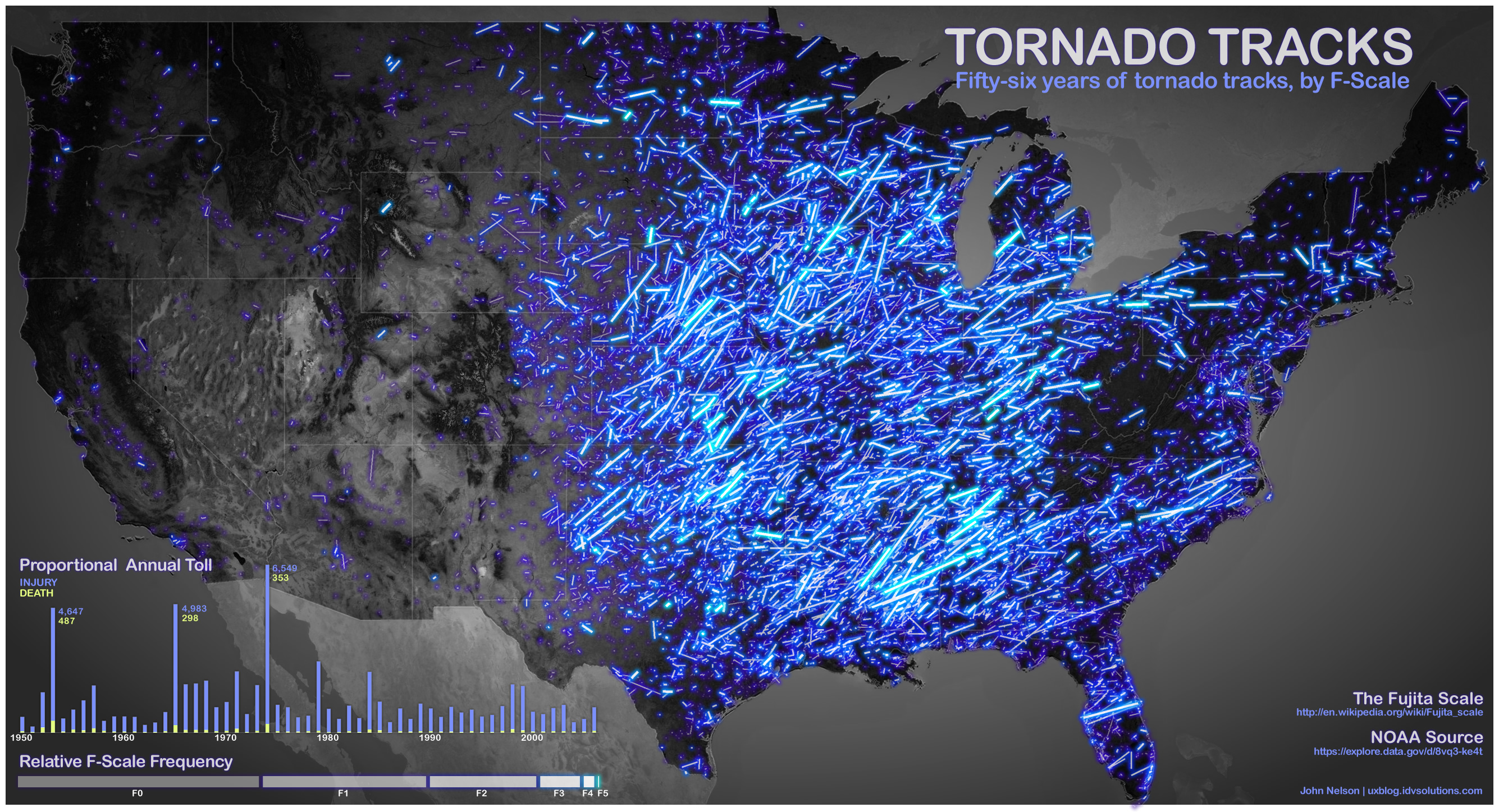 Stunning map of NOAA data showing 56 years of tornado tracks sheds
