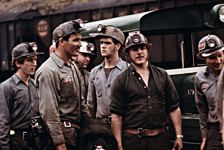 GROUP OF MINERS WAITING TO GO TO WORK ON THE 4 P.M. TO MIDNIGHT SHIFT AT THE VIRGINIA-POCAHONTAS COAL COMPANY MINE