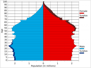 Population of the USA by age and sex (demographic pyramid) as on 01 July, 2015.