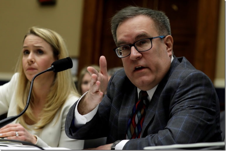 U.S. EPA Administrator Andrew Wheeler testifies before a House Energy and Commerce Environment and Climate Change Subcommittee hearing on the FY2020 EPA Budget on Capitol Hill in Washington, U.S., April 9, 2019. REUTERS/Yuri Gripas.