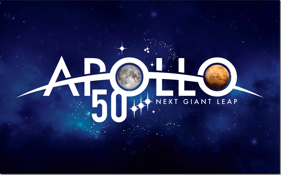 The logo for the 50th anniversary of the Apollo 11 moon landing gives a nod to the past with a few elements borrowed from the original Apollo program emblem, and a glimpse into the future with a graphic depiction of NASA’s vision for the next half-century of deep space exploration. The arc through the word “Apollo” represents Earth’s limb, or horizon, as seen from a spacecraft. It serves as a reminder of how the first views of Earth from the Moon – one of NASA’s crowning achievements – forever transformed the way we see ourselves as human beings. It also affirms NASA’s intention to continue pushing the boundaries of knowledge and delivering on the promise of American ingenuity and leadership in space. Credits: NASA/Matthew Skeins