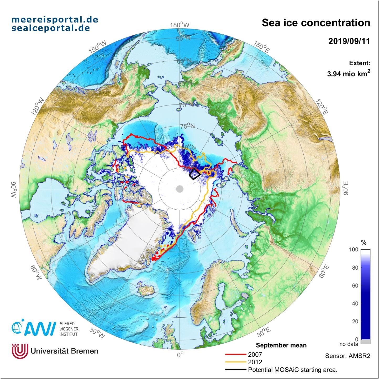 Map of the Arctic sea ice extent on September 11, 2019. Credit Graphic: meereisportal.de