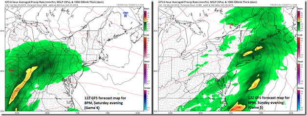 12Z GFS forecast maps for Saturday evening (left) and Sunday evening (right); courtesy NOAA, tropicaltidbits.com