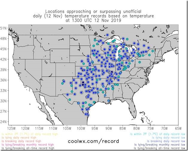 Numerous record low temperatures were set this morning for the day and, in some cases, the all-time low temperature for November was recorded; map courtesy coolwx.com, NOAA