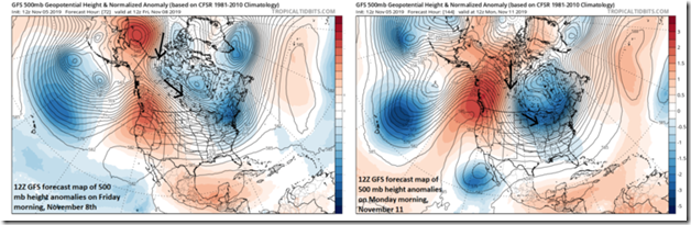12Z GFS forecast maps of 500 mb height anomalies show strong ridging from Alaska to the west coasts of Canada and the US both late this week (left) and early next week (right). This type of upper-level air flow will allow for the transport of these next couple of Arctic air masses from northern Canada into the central and eastern US. Maps courtesy NOAA, tropicaltidbits.com