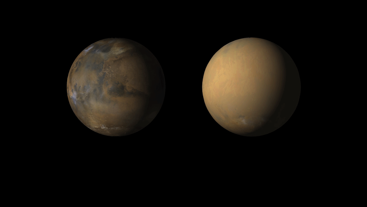 Side-by-side movies shows how the 2018 global dust storm enveloped the Red Planet, courtesy of the Mars Color Imager (MARCI) camera onboard NASA's Mars Reconnaissance Orbiter (MRO). This global dust storm caused NASA's Opportunity rover to lose contact with Earth. Credits: NASA/JPL-Caltech/MSSS
