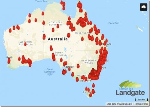 Figure 2 Locations of Australia's 2019/2020 bushfires. https://www.newsweek.com/australia-wildfire-map-update-bushfires-sydney-new-south-wales-1480207