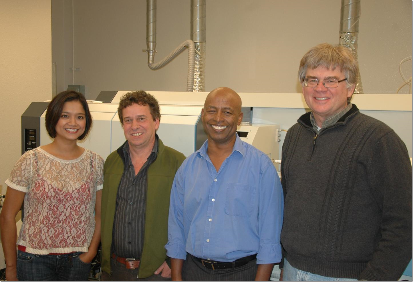 The University of New Mexico research team was led by Professor Yemane Asmerom (3rd from left) and included (l. to r.): Valorie Aquino, Keith Prufer and Victor Polyak. The team found contraction of the Intertropical Convergence Zone (ITCZ) during a warming Earth, leading in turn to drying of the Neotropics, including Central America. Credit: The University of New Mexico
