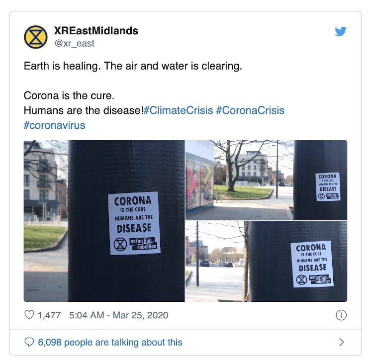 British Climate Activists: “Corona is the cure. Humans are the disease”