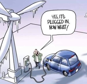 Yes the electric vehicle is plugged in to charge from the frozen wind power turbine - now what AGW climate change green renewable sustainable unreliable.jpeg