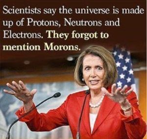 Pelosi scientists say universe made up of electrons protons neutrons they forgot to mention morons.jpg